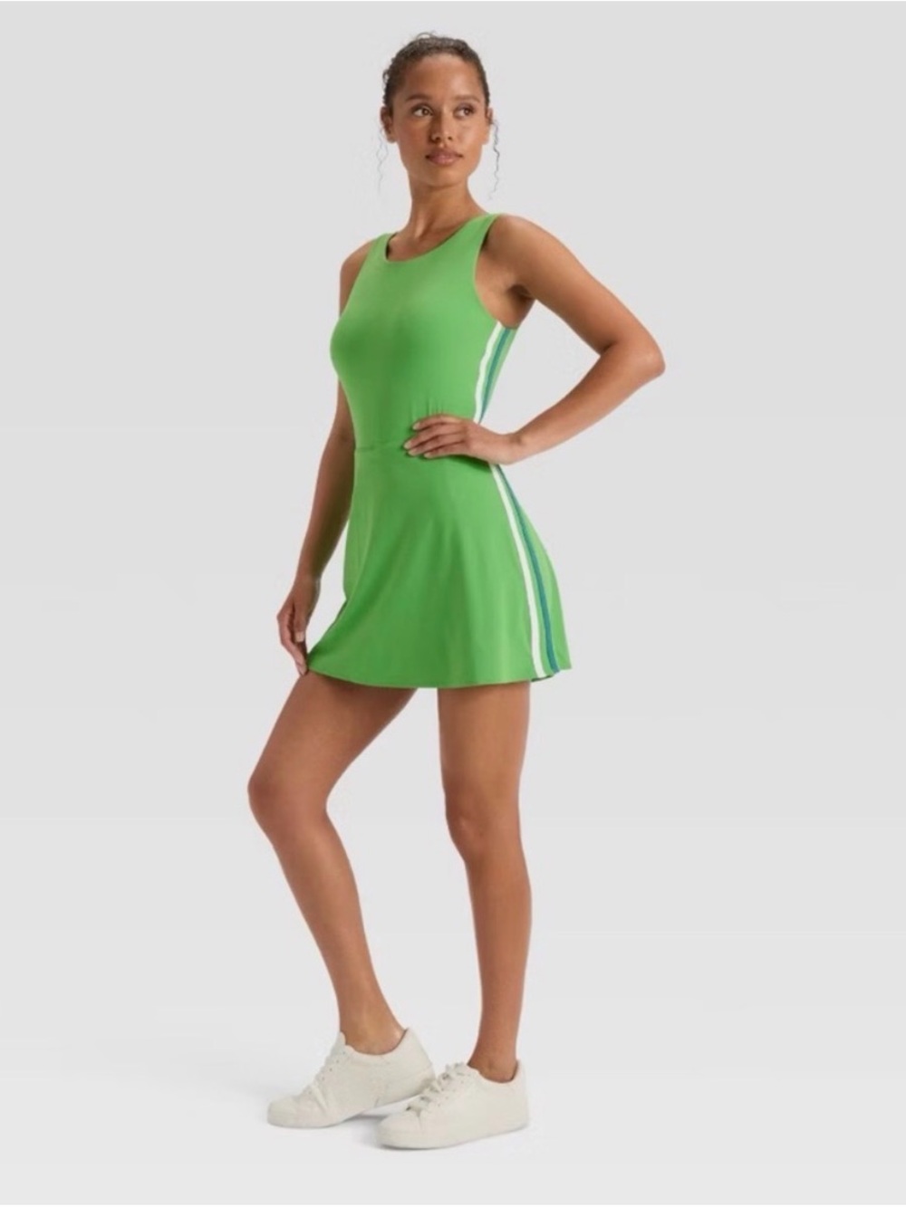 JoyLab Green Mini Dress with White and Blue Side Stripes